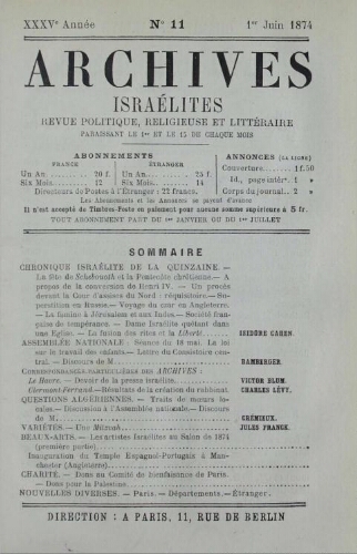 Archives israélites de France. Vol.35 N°11 (01 juin 1874)